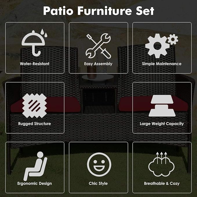 Tangkula Outdoor Rattan Loveseat, Patio Conversation Set with Cushions & Table, Modern Patented Wicker Sofa Set with Built-in Coffee Table, Rattan Sofas for Garden Lawn Backyard