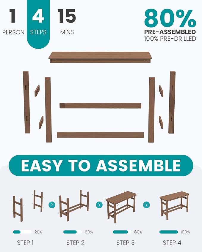 SERWALL 41" Outdoor Bar Table, All Weather HDPE Patio Bar Counter Height Table, Rectangle Patio Bar Table for Outside, Garden, Backyard, Balcony, Poolside, Brown