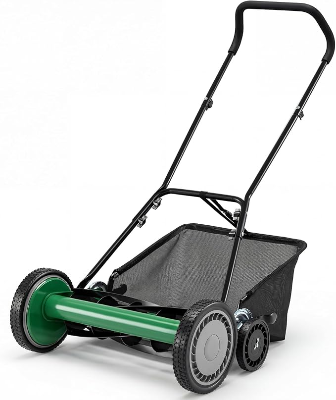 Push Reel Lawn Mower, Cordless 18" Manganese Steel Manual Grass Cutter with 5-Blade, Removable Grass Catcher, 9 Cutting Heights, Walk-Behind Lawn Mower for Garden Farm Yard (Green)