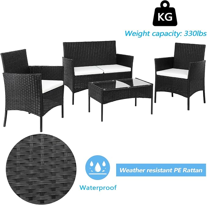 4 Piece Outdoor Patio Furniture Set, Wicker Rattan Patio Conversation Set with Loveseat Soft Cushion and Coffee Table for Garden, Backyard, Balcony, Porch, Yard and Poolside, Black
