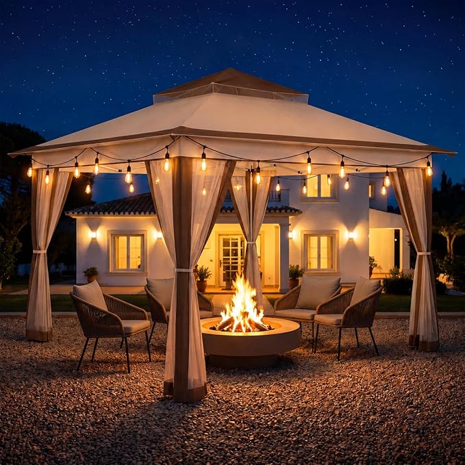 LAUSAINT HOME 12x12 Pop Up Gazebo with 50FT String Lights, Mosquito Netting, Instant One-Push Setup, Adjustable Height Outdoor Canopy Tent Shelter with Carry Bag for Patio, Backyard, Camping, Khaki