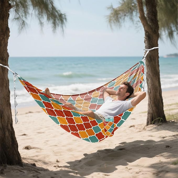 Camping Hammock Outdoor Hammocks for Outside Trellis Lattice Red Orange Beach Trees Portable Lightweight with Pockets Tree Straps Indoor