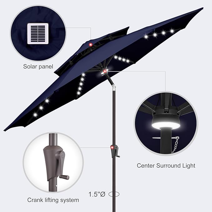 9ft Solar Umbrella Outdoor - 2 Tiers Lighted Solar Patio Umbrella with 40 LED Lights Waterproof UV Protection, Table Umbrella with Tilt for Pool, Porch, Garden, Backyard (Navy Blue)