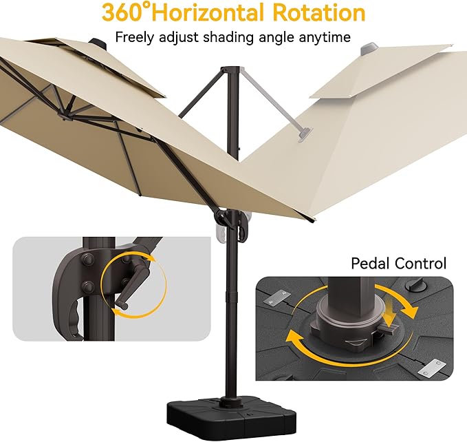 VEGOND 10x13 FT Patio Cantilever Umbrella with Base, Rectangular Heavy Duty Offset Umbrella for 8-10 People, 360°Rotation & Mult Tilt, Double Top Design, for Pool Garden Deck (Beige)