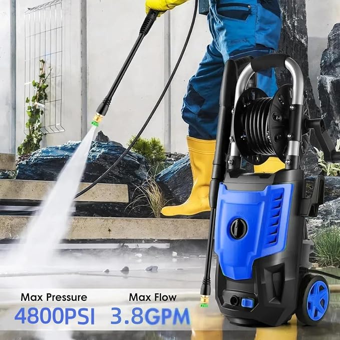 4800PSI Electric Pressure Washer- 3.8GPM High Power Washer with 33FT Hose Reel, 4 Spray Tips and Soap Bottle for Car Washing, Fence Cleaning, Patio Maintenance（Upgraded） (Blue)