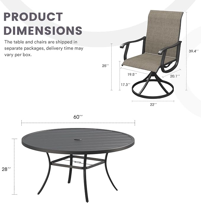 9 Pieces Patio Furniture Dining Set, 8 Textilene Swivel Dining Chairs, 60" Outdoor Round Metal Table with 1.57" Umbrella Hole, Outdoor Dining Set for Porch, Lawn, Garden, Black/Brown