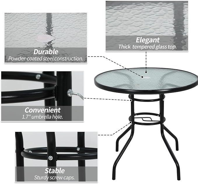 Premium Square Patio Table with 2 In Umbrella Hole,32 In Tempered Glass Top,Outdoor Coffee Table for Patio,Balcony, Backyard,Poolside,and Sunroom - Small Patio Table with Umbrella Hole (Round)