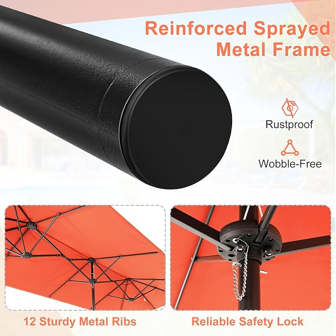 Giantex Patio Umbrella with Base, Double-Sided Outdoor Umbrella with Crank Handle, Umbrella Base Stand with 2 Sandbags, 12 Metal Ribs, Market Umbrellas for Garden Poolside Deck