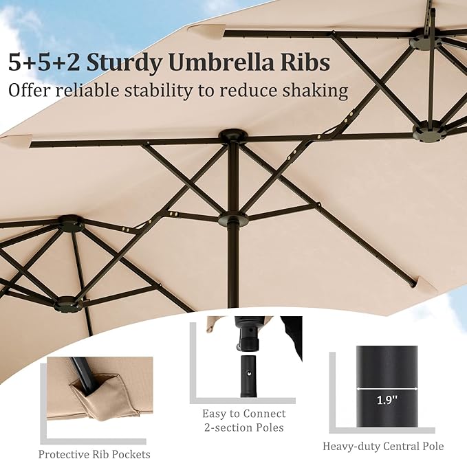 HAPPYGRILL 13 FT Double-sided Patio Umbrella with Solar Lights, Crank Handle & 12 Heavy-Duty Ribs, Outdoor Twin Size Oversized Rectangle Market Umbrella for Garden Deck Poolside