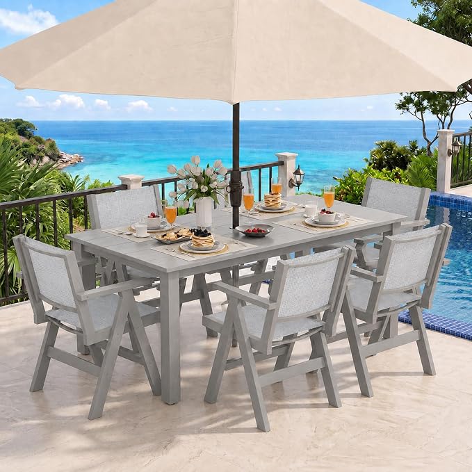 7-Piece Patio Dining Table Set, 69" Rectangle HDPE Outdoor Table & 6 Textilene Chairs Set with 2" Umbrella Hole, Wood-Look Finish, All-Weather Dining Set for Backyard, Poolside, Light Gray