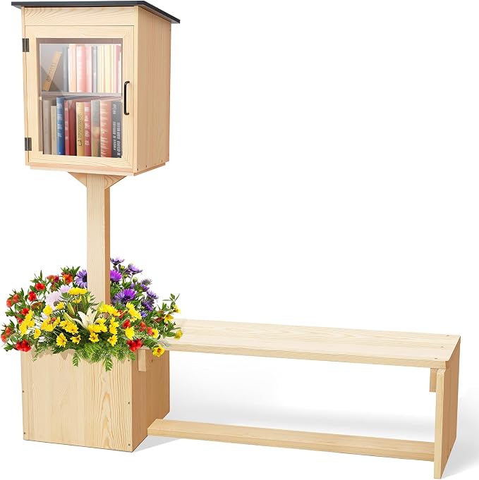Wonderjune 3-in-1 Little Library Box Outdoor with Bench and Flower Fences, 55.8 Inch Weatherproof Solid Wood Exchange Box with Floor Plugs and Flower Fence for Neighborhoods, Community, School