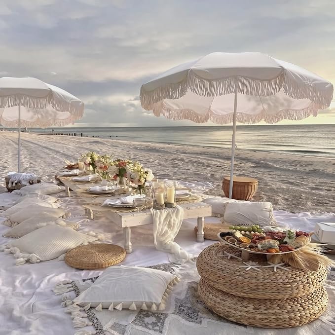 Boho Fringe Beach Umbrella with Extra Large Picnic Blanket Set, 6.5Ft UPF50+ Tassel Ruffles Umbrella 71"x 91" Picnic Blanket for Beach Wedding Bridal Shower Birthday Party Patio Lawn