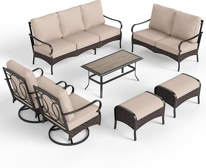 PHI VILLA Extra Large Outdoor Modern Patio Furniture Set, Upgraded Wicker & Metal Patio Conversation Set with Waterproof Thick Cushions for Porch, Poolside, Yard(7 Pieces,Beige)