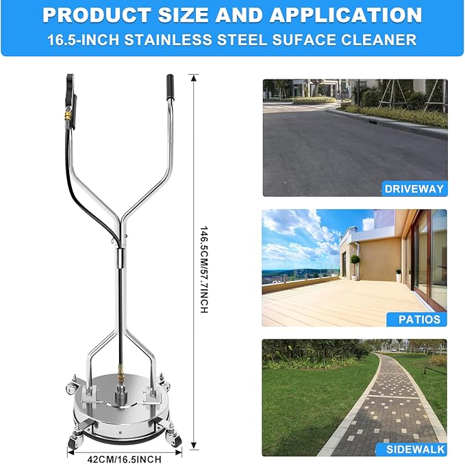 16" Pressure Washer Surface Cleaner with 304 Industrial-Grade Stainless Steel Housing, Dual Handle, 4500 PSI Driveway Pressure Washer Attachment, 2 Replacement Nozzles, for Concrete, Sidewalk, Deck