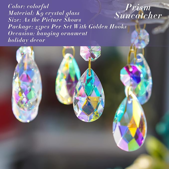 25pcs Crystal Teardrop Chandelier Parts, 38mm Suncatcher Crystal Prisms | Hanging Ornament Chandelier Crystals Rainbow Maker for Windows/Wedding Christmas Tree Decor (Glod Hook+Ring)