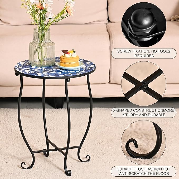 Patio Side Tables, 14"" Indoor Outdoor Metal Side Table for Poolside Bistro Balcony Yard Porch Bedside, Weather Resistant Metal Accent Table for Indoor Outdoor Use, Easy Assembly (Blue)