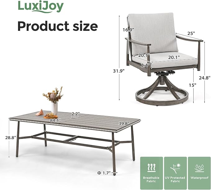 9-Piece Outdoor Dining Set for 8, Aluminum Dining Set with Cushions, 8 Swivel Chairs with Rope Backrest, Large Rectangular Table with Umbrella Hole, Patio Dining Set for Lawn Porch Yard,Grey