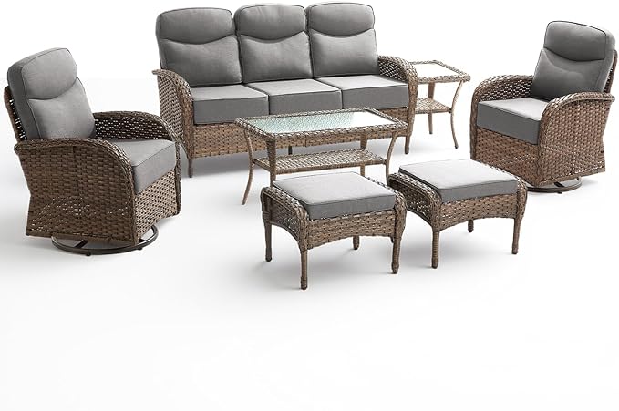 Luxury Outdoor Patio Furniture Set with 6-Inch Thick Cushions, 7 Pieces Wicker Outdoor Furniture with High Back Swivel Patio Chairs Set of 2, Outdoor Conversation Set for Deck Garden Porch, Gray