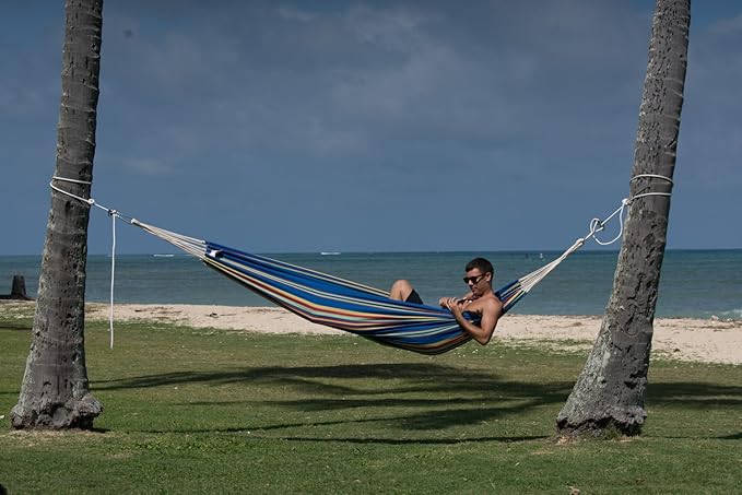 BYER OF MAINE Barbados Hammock, Authentic Brazilian, Blue Sky, Recycled Cotton/Polyester Blend, 134" L x 58" W, Holds up to 330lbs