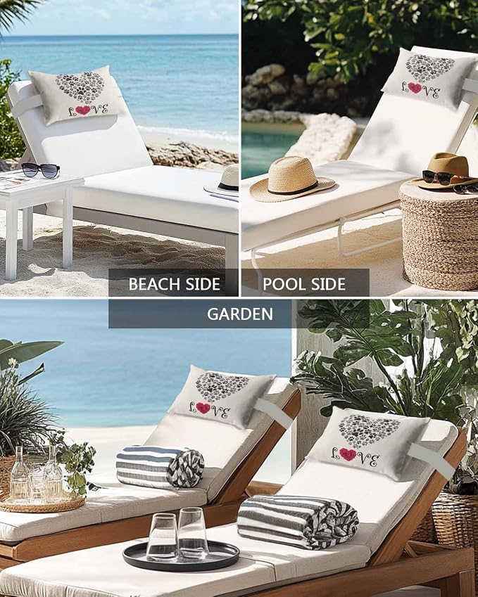 Outdoor Pillows Covers with Inserts Rose Love Dog's Paws Shape Heart Waterproof Recliner Pillow with Adjustable Strap Throw Pillows for Patio Furniture Pool Lounge Chair, 11x16 inch, 1PCS