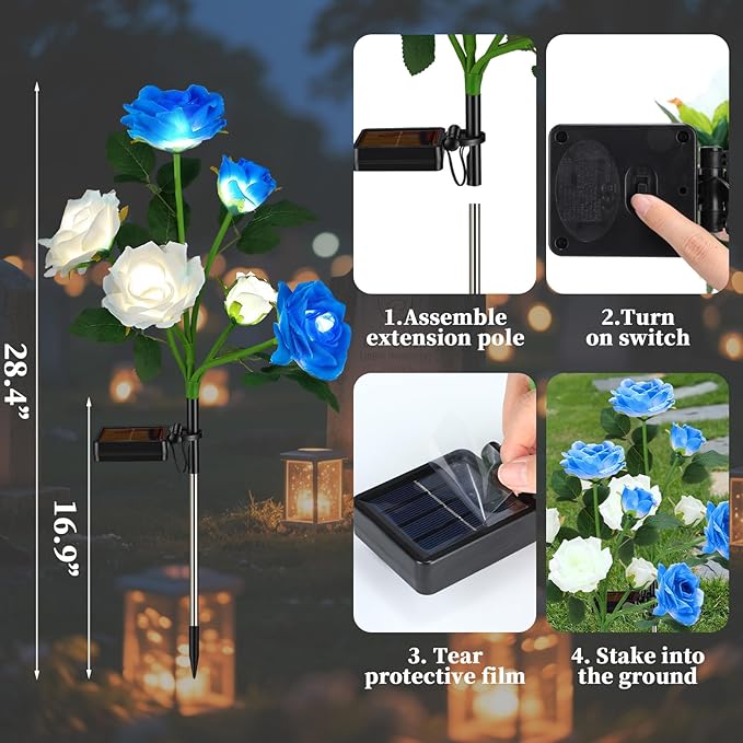 Lewtemi 2 Pack Solar-Powered Artificial Cemetery Flowers, Waterproof Memorial Flower Lights for Outdoor Grave, Garden, Patio, Yard Decoration