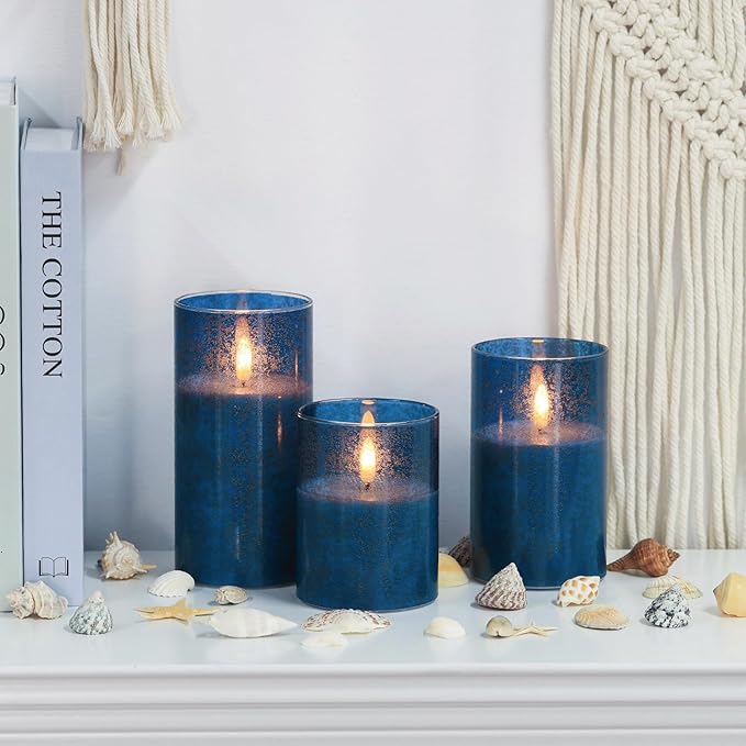 Flickering Flameless Candles with Remote - 3D Wick Battery Operated Candles with Timer, Blue Glass Fake LED Candles for Party Wedding Birthday Holiday Festival Christmas Home Decor Gifts