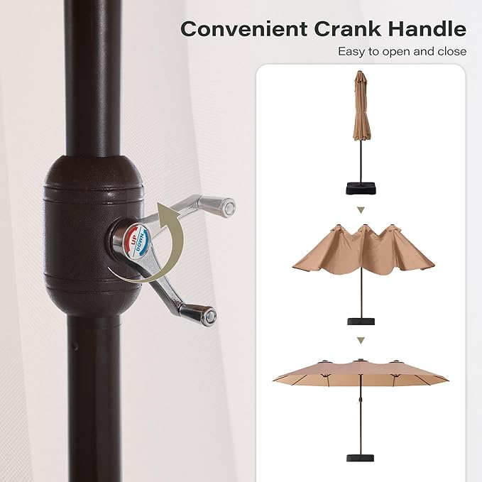 EO Living 15ft Large Patio Umbrella, Double-Sided Rectangle Outdoor Umbrella with Base Included, Table Umbrella for Poolside Deck Market (Beige)