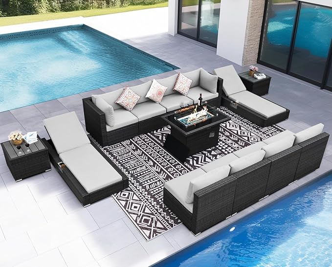 NICESOUL 13Pcs Outdoor Furniture Set with Firepit Table, All-Weather Wicker Modular 10-Seats Patio Sofa with Matching Lounge, 500LBS High Weight Capacity Deep Seated Sectional Couch Set, Light Gray