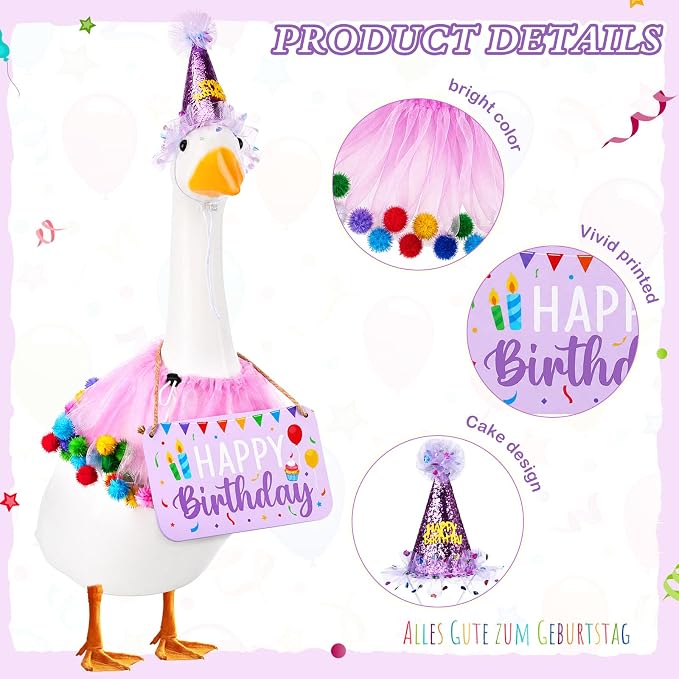 3 Pcs Happy Birthday Porch Goose Outfit Lawn Goose Cloth Costume for 23" Cement Plastic Patio Yard Statue Outdoor (Purple,Tutu Skirt)