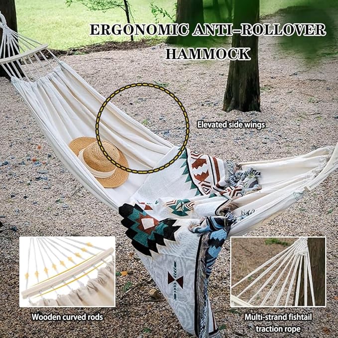 Anti-Rollover Hammock with Wooden Arc Pole, Camping Portable Hanging Bed with Carabiner, Relaxation, Load Bearing 250kg/350kg(Beige,6.6 * 2.6ft)