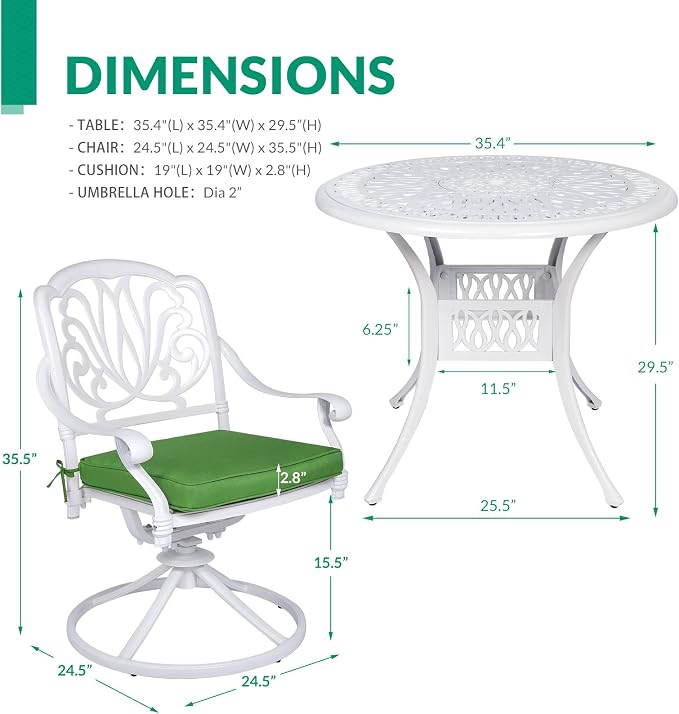 VIVIJASON 3-Piece Patio Furniture Dining Set, Outdoor All-Weather Cast Aluminum Bistro Set, Include 2 Swivel Chairs and 35.4" Round Table w/Umbrella Hole for Balcony, Lawn, Garden, Backyard, White
