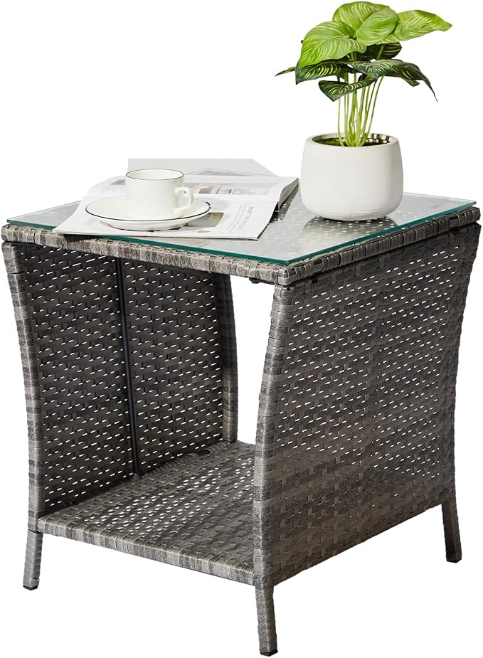Outdoor Wicker Rattan Side Table, Square Rattan Coffee End Table Patio Wicker Table with Tempered Glass Top and Storage for Patio Garden Balcony (Gray)
