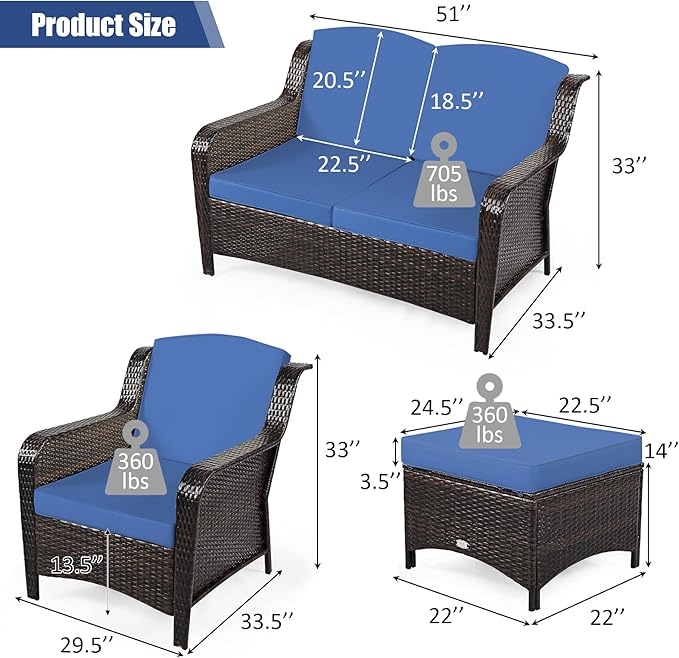 Tangkula 5 Pieces Patio Furniture Set, Outdoor Rattan Conversation Sofa Set with Loveseat, Single Sofas and Ottoman, Sectional Sofa Set with Removable Cushions for Porch, Backyard, Balcony, Lawn