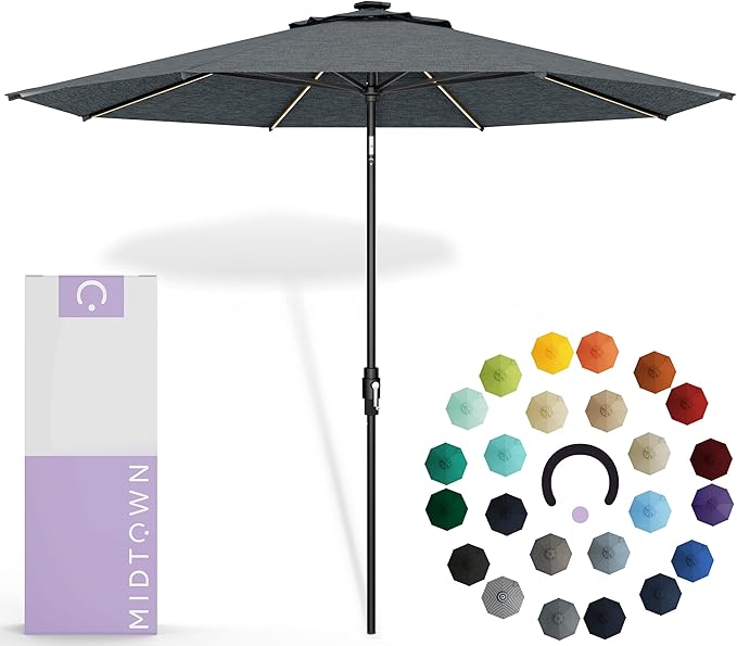 Midtown Umbrellas The LED Swilt 10 Feet Patio Umbrella With Sunbrella Cast Slate Acrylic Fabric - Auto-Tilt Aluminum Frame With LED Lights For Backyard, Deck, Garden, Pool - Black Pole