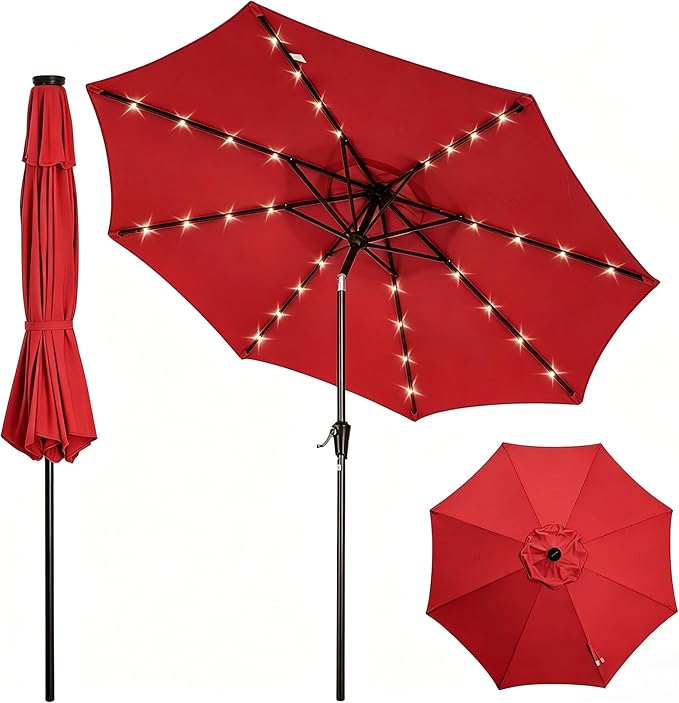 Garvee 10FT Patio Umbrella with 32 Solar LED Lights, Outdoor Table Market Umbrella with Tilt and Crank, 8 Sturdy Iron Ribs Sun Shade for Garden, Deck, Backyard and Pool, Red