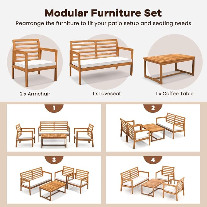 HAPPYGRILL 4 Piece Wood Patio Conversation Set, Armchairs Loveseat & Coffee Table Set with Cushions, Acacia Wood Frame, Outdoor Furniture Set for Porch, Garden, Backyard, Poolside