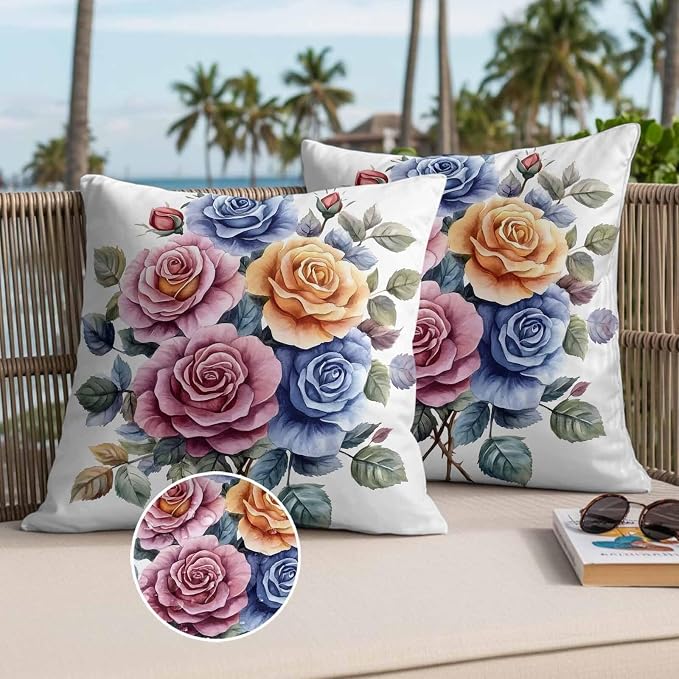 Spring Rose Outdoor Waterproof Throw Pillow Covers Set of 2, 18"x18", Botanical Watercolor Pink Orange Blue Flower Leaf Decorative Pillow Covers Outside Cushion Case for Patio Porch Garden
