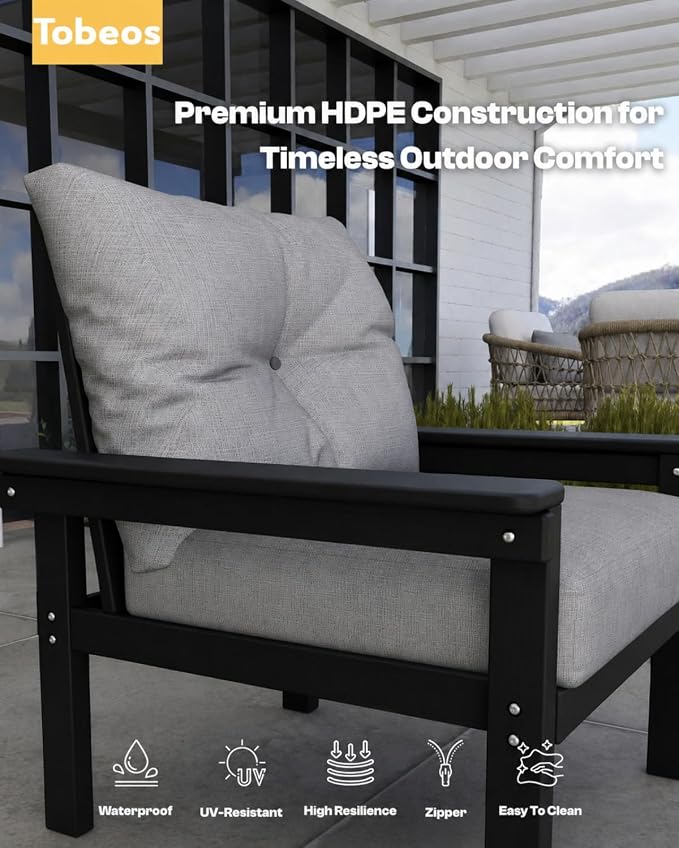 HDPE 10 Piece Outdoor Patio Furniture Set, All-Weather Outdoor Couch Set with Thick Cushions & Coffee Table, Patio Conversation Sets for Lawn, Garden, Porch, Balcony, Deck, Poolside, Black Grey