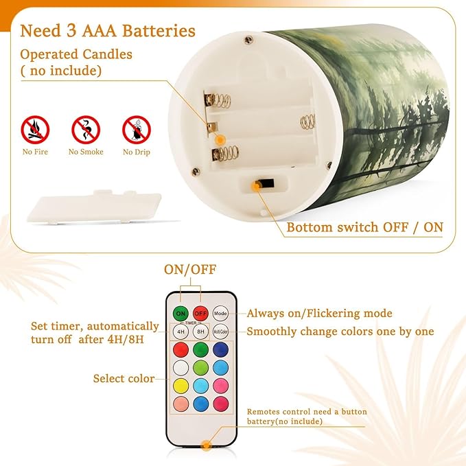 Watercolor Forest Pattern Flameless Candles Color Changing LED Candles with Remote Control Battery Candles for Outdoor and Indoor Home and Room Decoration, 3'' x 4''/5'' Set of 2 Pieces