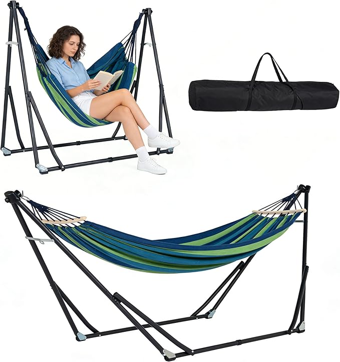 SogesPower 2 in 1 Hammock with Foldable Steel Stand & Carrying Bag,Portable Hammock Swinging Chair for Outdoor Patio Garden Camping Apartment,Blue& Green