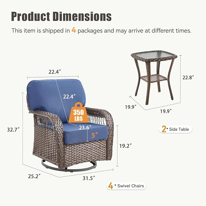 6 Pieces Outdoor Patio Conversation Sets Swivel Chairs, Wicker Swivel Rocker Patio Chairs Set of 4 with Rattan Side Tables, Wicker Outdoor Furniture for Deck Porch Garden Backyard, Blue