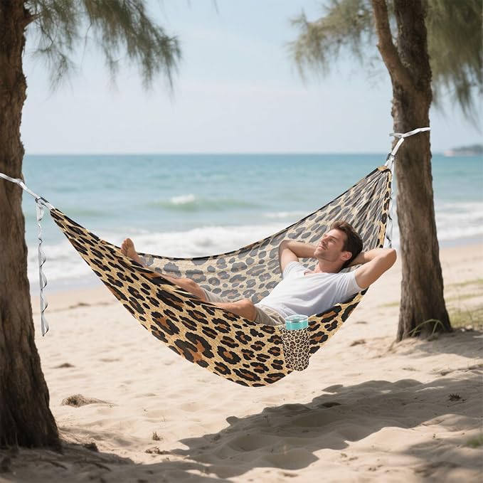 Brown Leopard Print Camping Hammock, Portable Lightweight Single Hammock with Tree Straps and Aluminum Carabiners, 114" x 54" Travel Hammock for Hiking Backpacking Beach