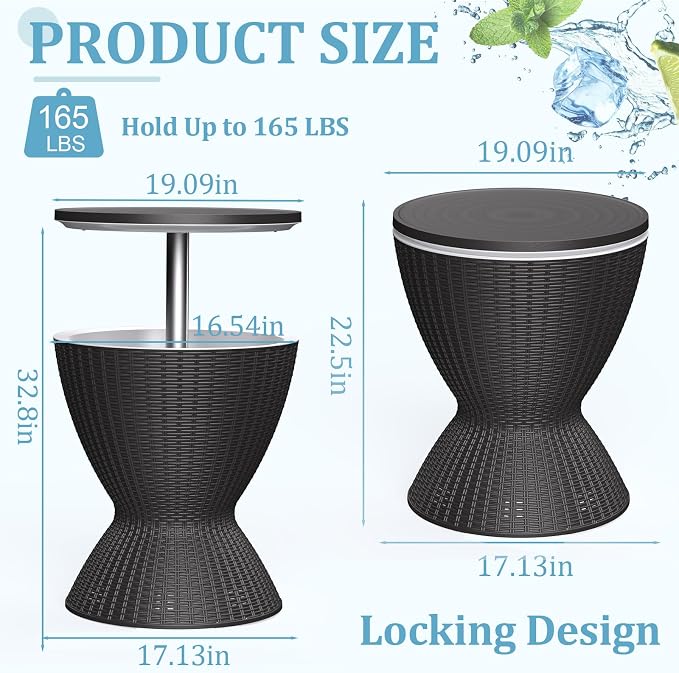 Outdoor Side Table, Cooler Bar Table, Weather Resistant Patio End Tables, Patio Furniture for Garden, Porch, Pool, Lawn, Backyard or Indoor (Black)