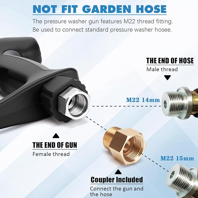 Pressure Washer Gun Kit with 2 Pressure Washer Wands, 5 Nozzle Tips, Swivel 3/8" Plug & M22 Fitting, 38 Inch, 4000 PSI