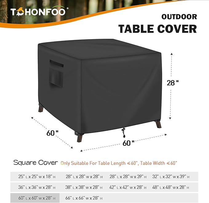 Square Patio Table Cover, Outdoor Table Covers Waterproof, UV Resistant Outdoor Lawn Patio Furniture Covers, 60" L x 60" W x 28" H