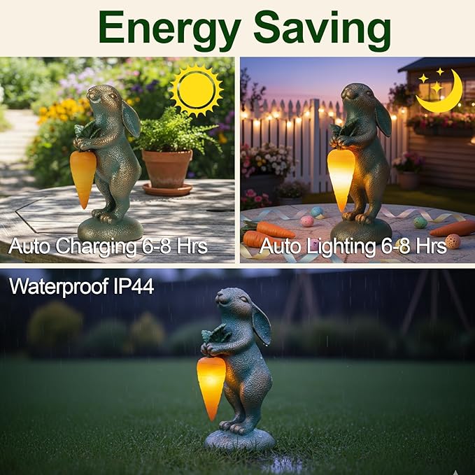 PETAFLOP Solar Garden Statues Outdoor Decor, Rabbit Figurines with Carrot Light for Patio Balcony Lawn Yard Decorations, Birthday Housewarming Gifts for Women Mom Grandma