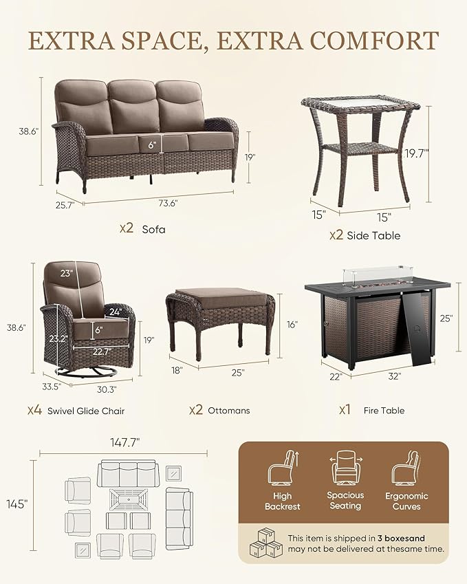 Belord Upgraded 6“ Cushion Luxury Patio Furniture Set with Fire Pit Table - 11 Piece Wicker Outdoor Furniture with High Back Swivel Rocker Patio Chairs, Conversation Set for Deck Porch - Brown/Grey