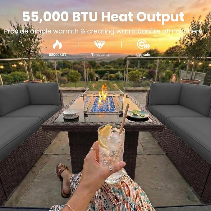8 Pieces Patio Furniture Set with 44" Propane Gas Fire Pit Table, Outdoor Sectional Brown Rattan Wicker Conversation Sofa Sets with Coffee Table