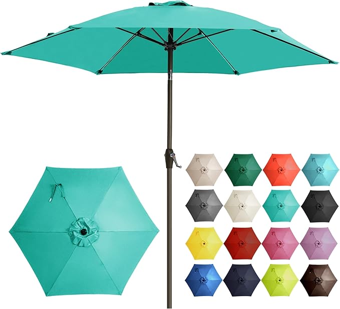 Ayge 7.5FT Large Outdoor Patio Umbrella Market Table Umbrella-UV Resistant, Easy Push Button Tilt and Crank, 6 Sturdy Fiberglass Ribs Heavy-Duty Pool Umbrella for Deck, Backyard,Garden, Yard,Turquoise