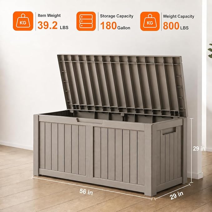 LAUSAINT HOME 180 Gallon XXL Outdoor Deck Box, Waterproof Resin Storage Box Bench with Lock, Large Patio Cushion Storage, Garden Tool Organizer, Pool Storage Container, 3-Person Seat, Light Brown